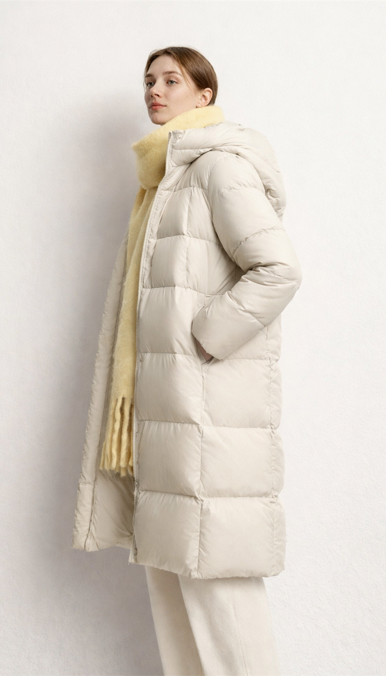 OURYE Women's Down Puffer Jacket - Knee Length in White