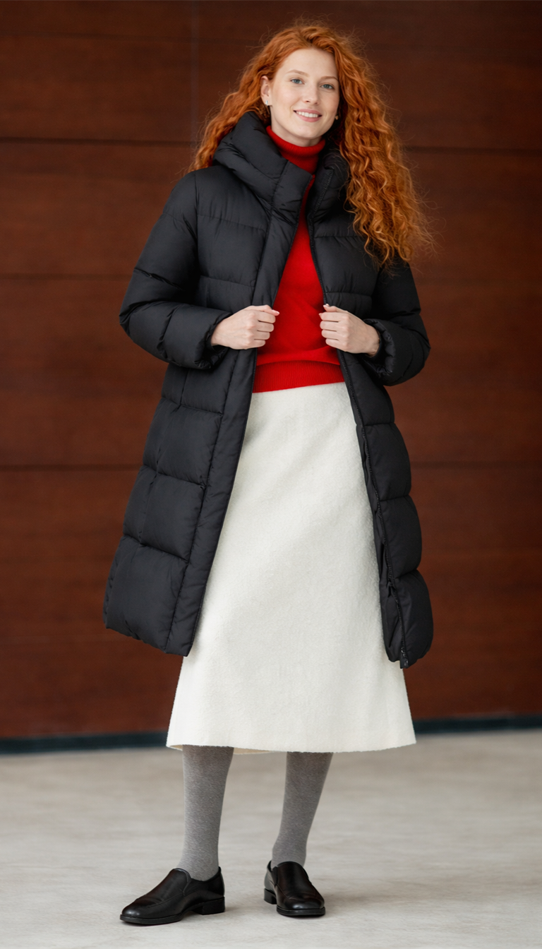 OURYE Women's Down Puffer Jacket - Knee Length in White