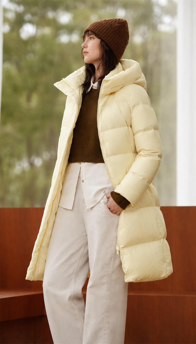 OURYE Women's Down Puffer Jacket - Knee Length in White