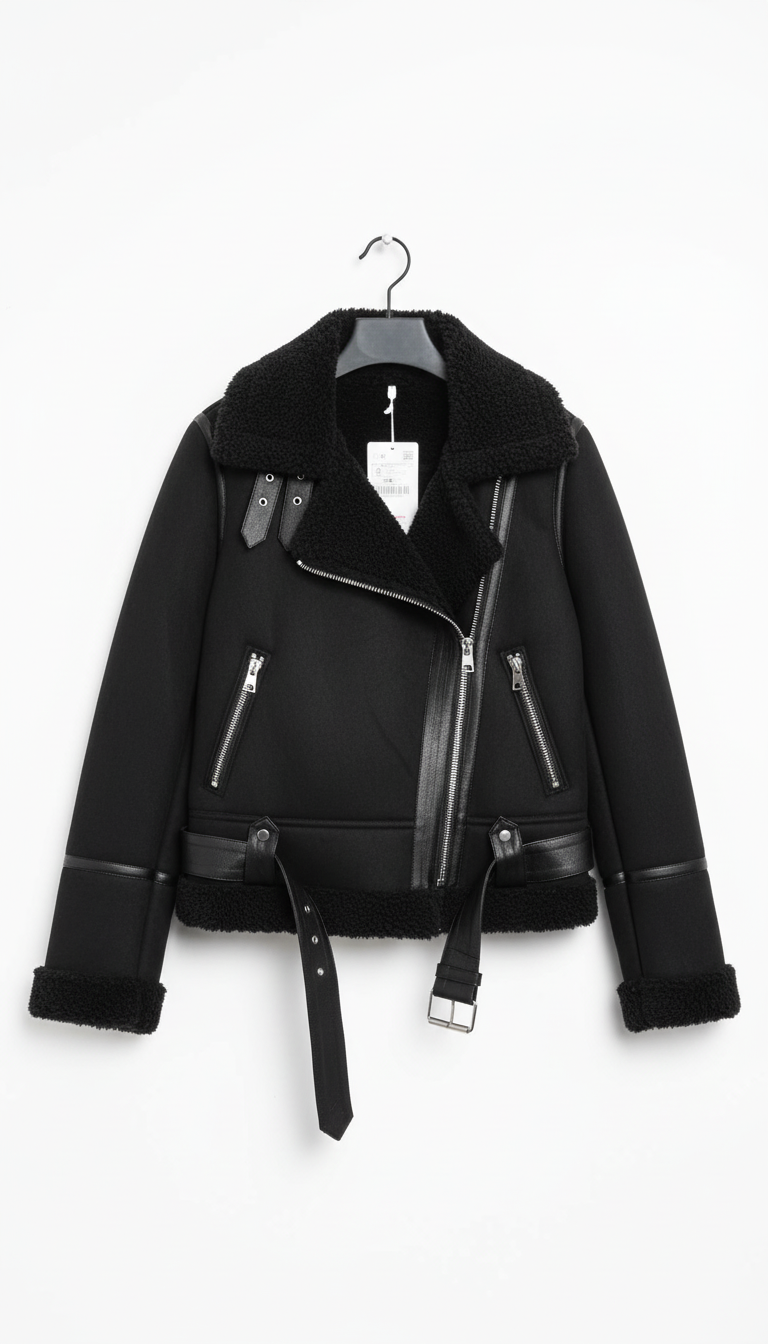 Women's Faux Shearling Moto Jacket - Warm Suede - Side View