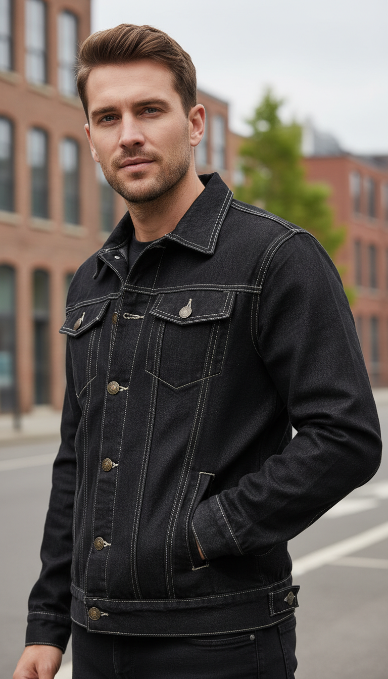 Men's Solid Denim Jacket - Slim Fit Vintage - Image 6