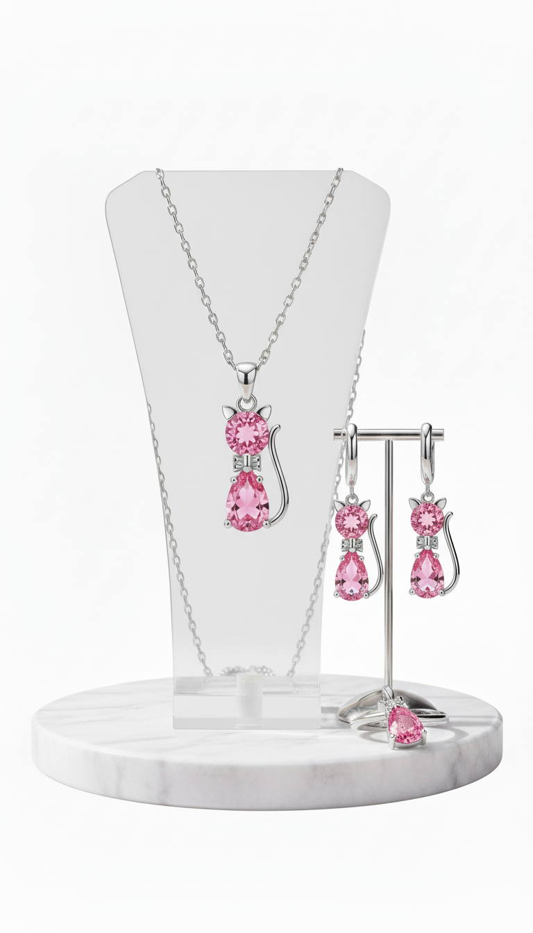 Sterling Silver Cat Necklace and Earring Set - - Image 5