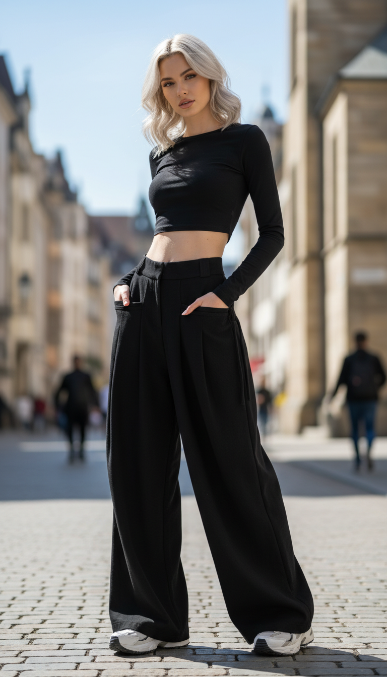 Women's High-Waisted Wide Leg Pants - Pleated Casual - Side View