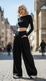 Women's High-Waisted Wide Leg Pants - Pleated Casual - Side View