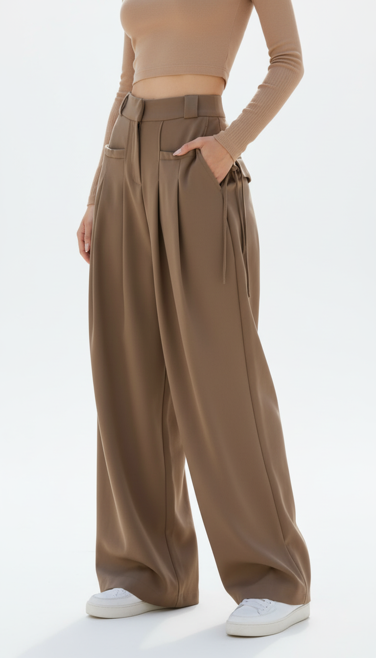 Women's High-Waisted Wide Leg Pants - Pleated Casual Office Trousers