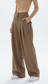 Women's High-Waisted Wide Leg Pants - Pleated Casual Office Trousers