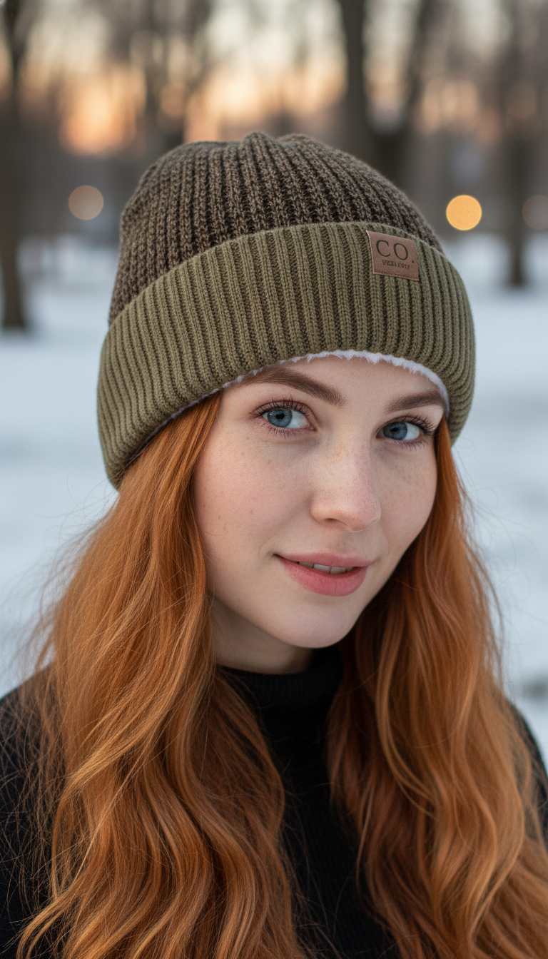 Fur-Lined Two-Tone Beanie – Unisex Knitted Hat in - Front View