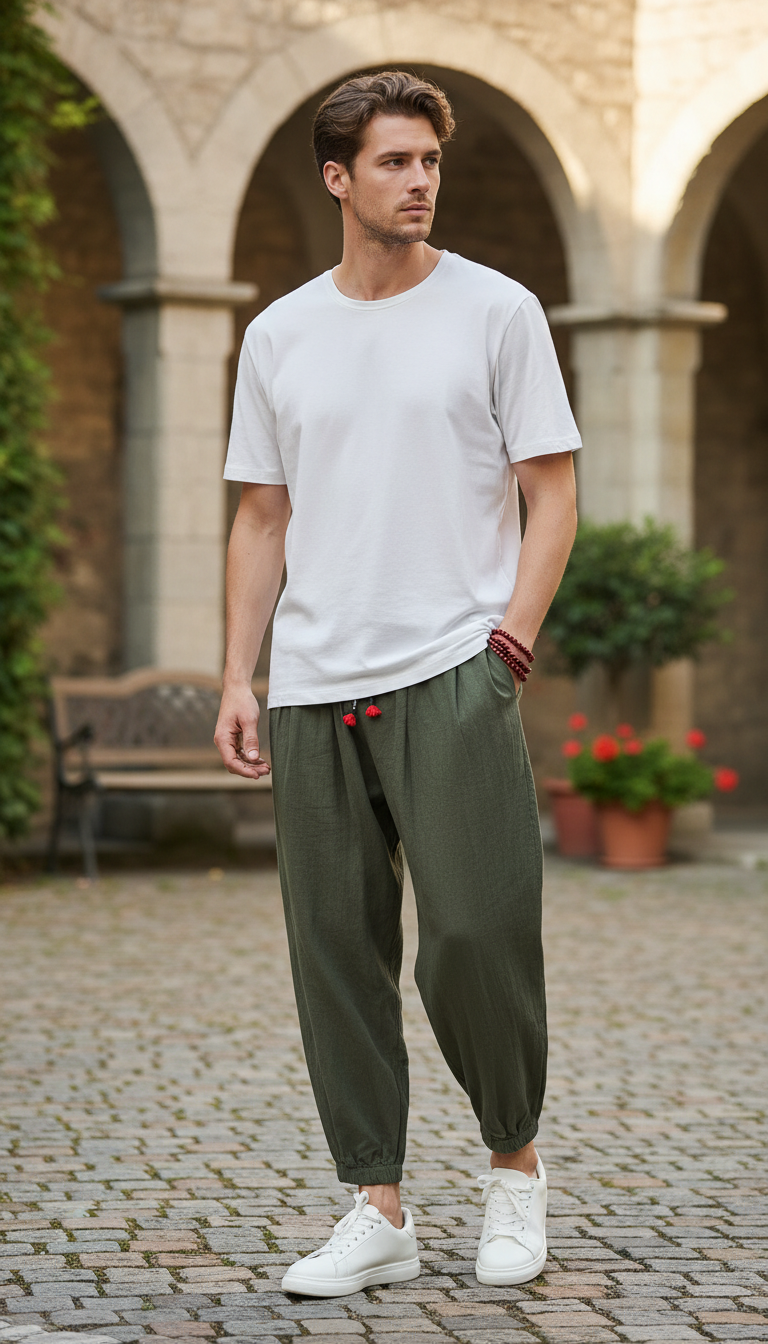 Herren lässige unifarbene Haremshose aus Baumwolle und Leinen, locker sitzende Übergröße Strandhose, Jogginghose, Herren weite Beinhose