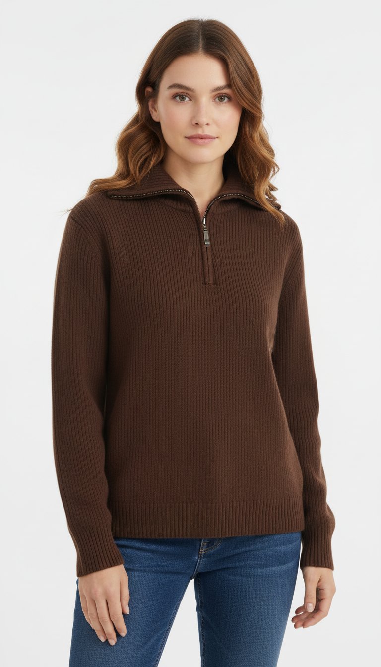 Women's 100% Wool Half-Zip Sweater - Loose Fit Pullover
