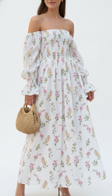 Women's Cotton Floral Midi Dress - Square Neck Butterfly Sleeve Dress