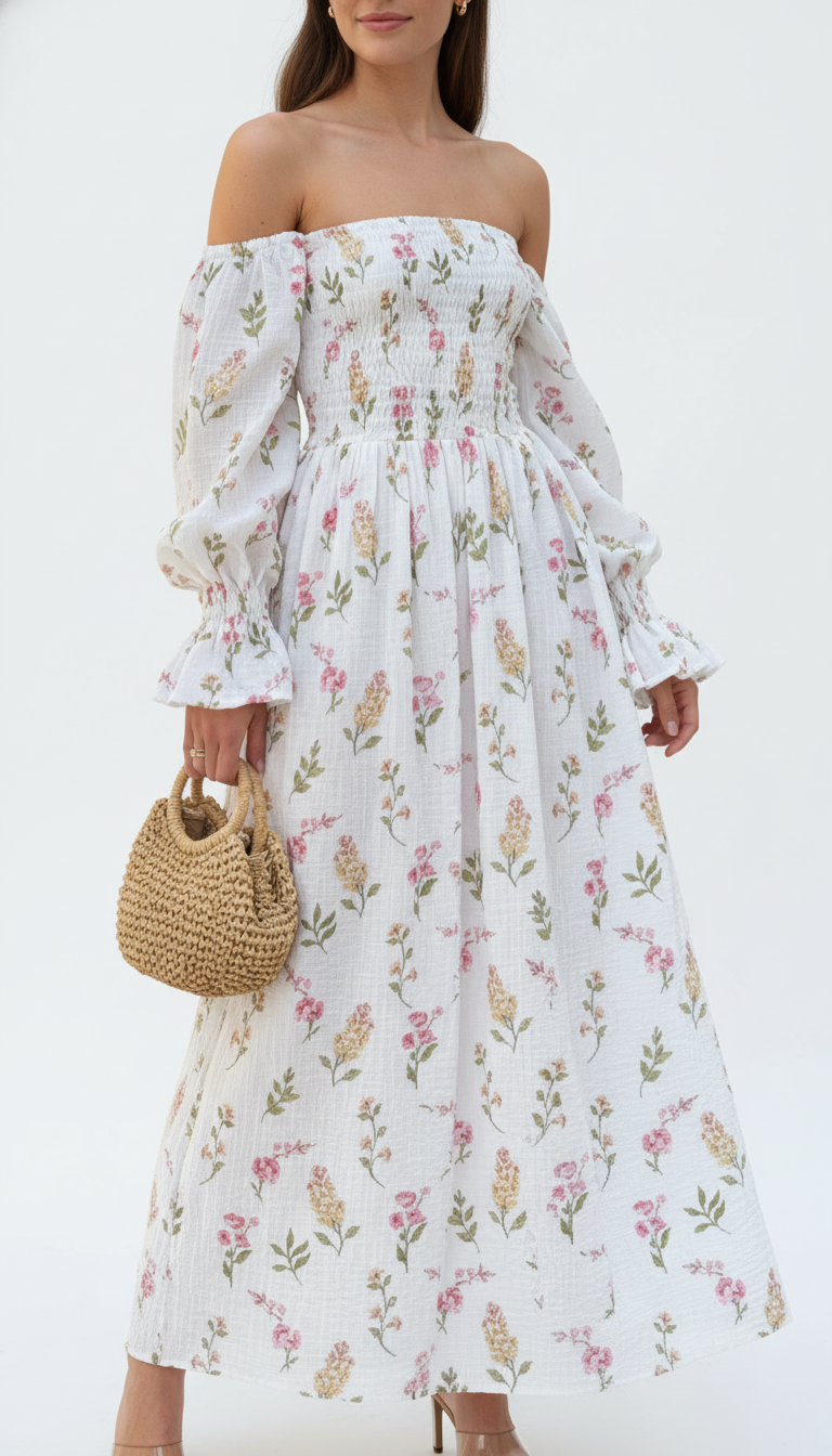 Women's Cotton Floral Midi Dress - Square Neck Butterfly Sleeve Dress