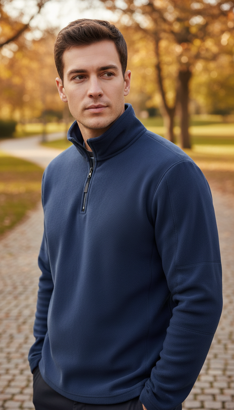 Men's Thicken Warm Fleece Jacket - Zipper Neck - Front View