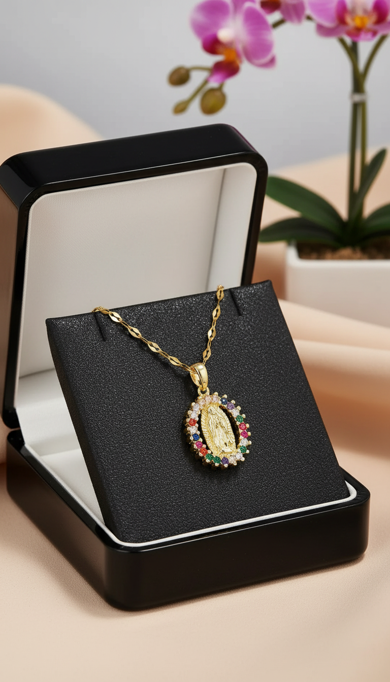 Virgin Mary Star Pendant Necklace - Colorful Zircon - Detail Close-Up
