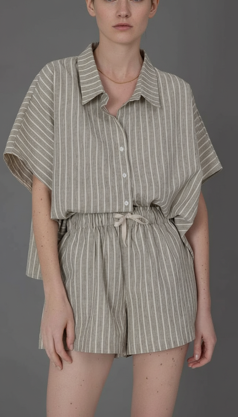 Women's Striped 2-Piece Shorts Set - V-Neck Shirt - Detail Close-Up
