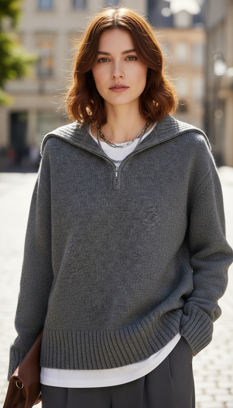 Women's 100% Wool Half-Zip Sweater - Loose Fit - Back View