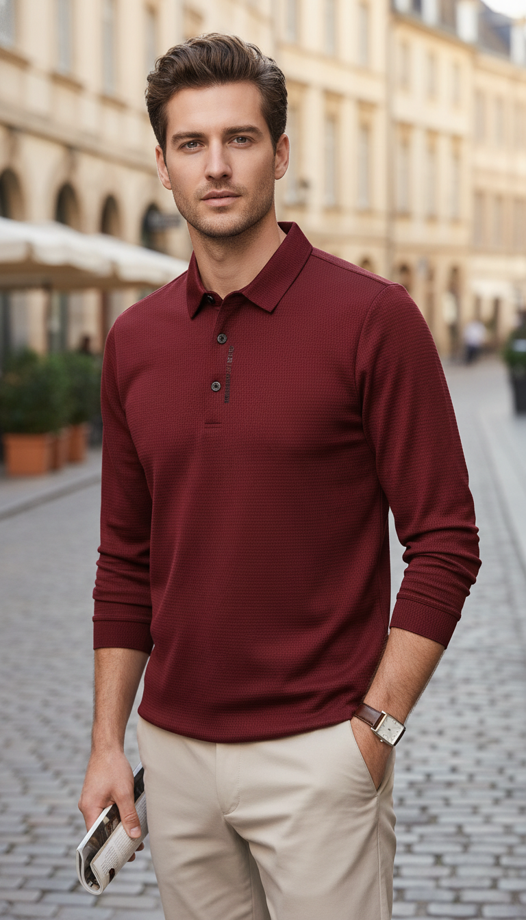 Herren Waffel-Langarm-POLOSHIRT mit Buchstaben-Revers, lässiges Oberteil