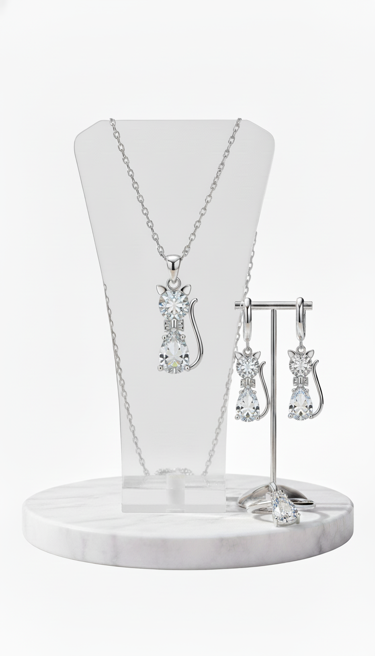 Sterling Silver Cat Necklace and Earring Set - - Image 7
