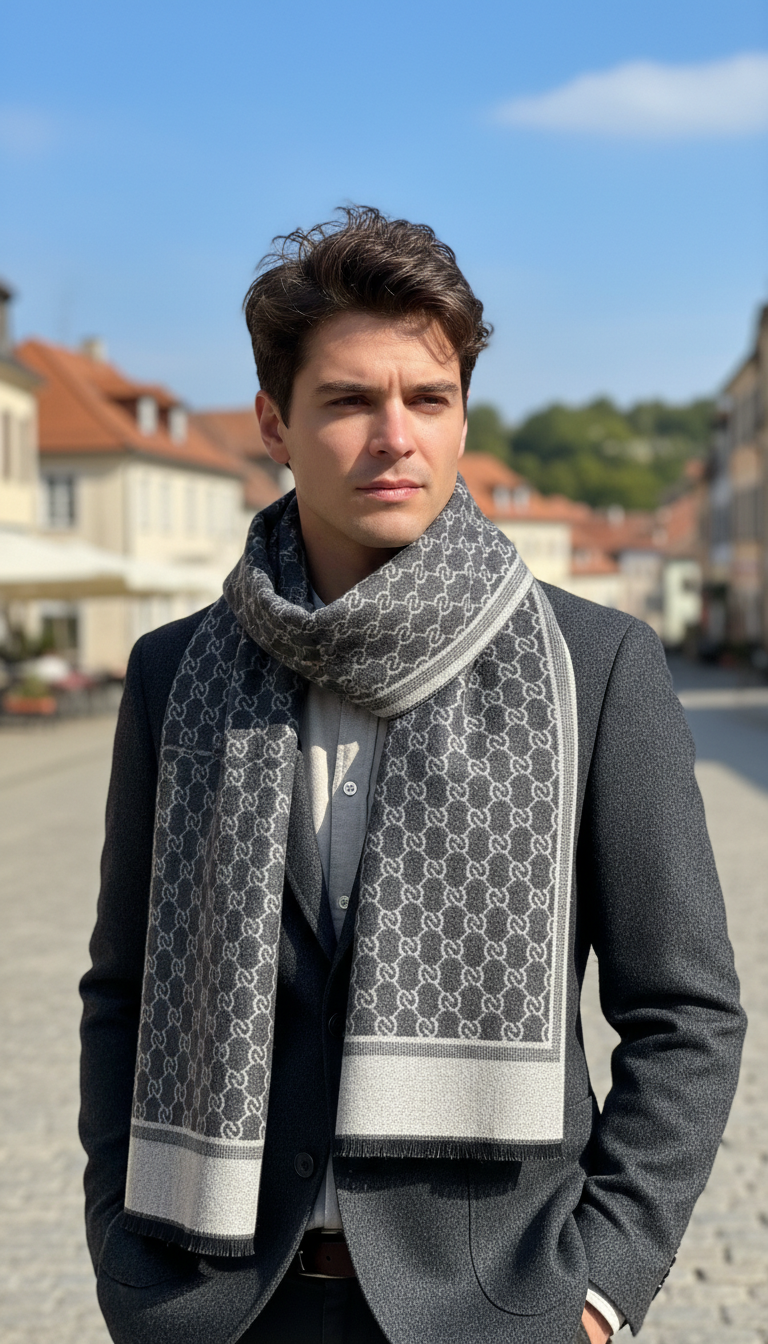 Men's Cashmere Scarf - Letter Print Pashmina Neck - Back View