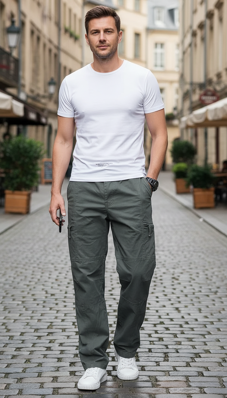 Men's Cotton Cargo Pants - Loose Fit Multi-Pocket Work Trousers