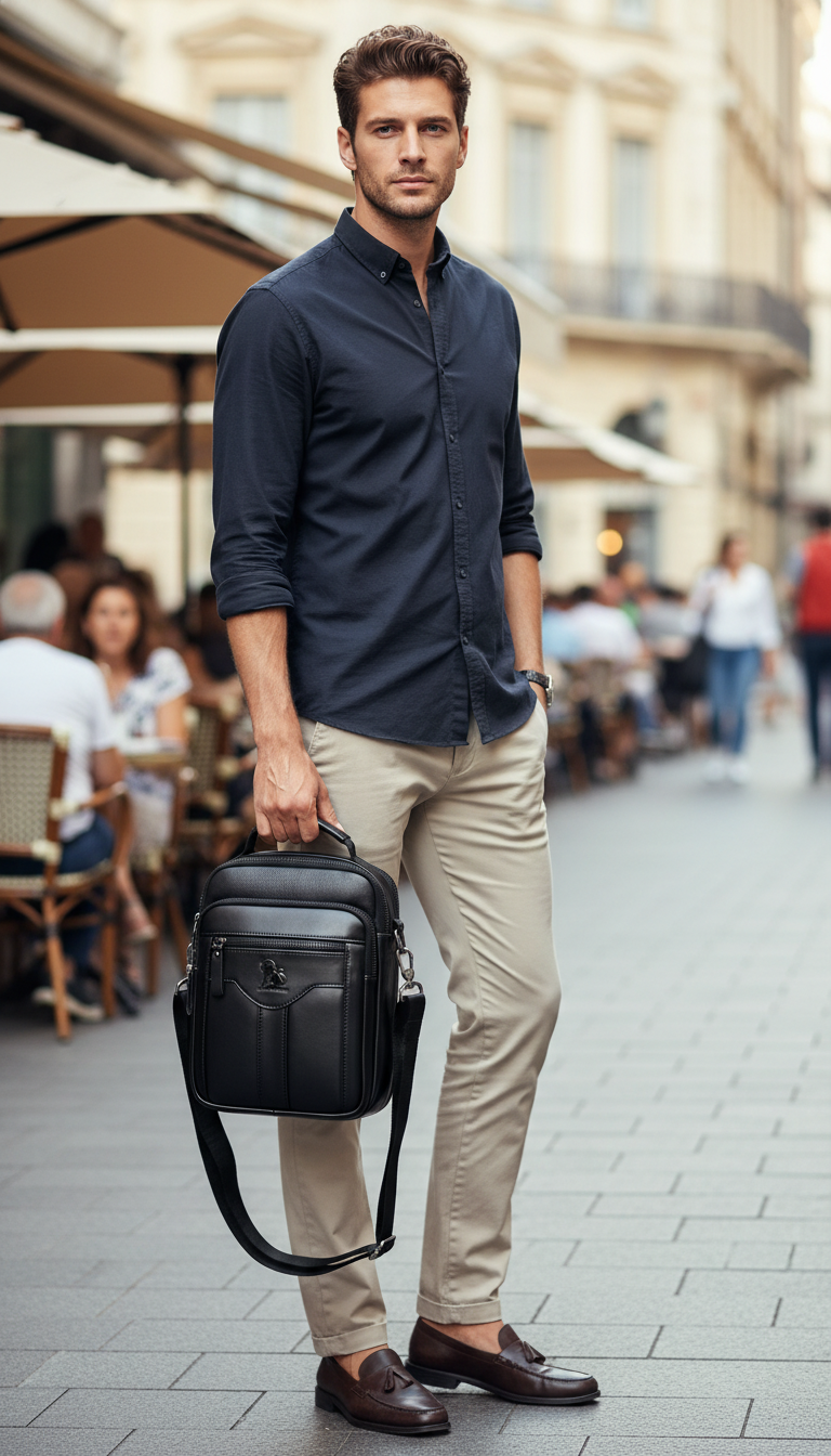 Leather Crossbody Bag – Men's Retro Cowhide Shoulder - Detail Close-Up