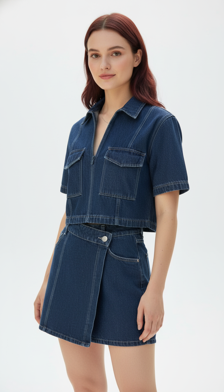 Women's 2-Piece Denim Set - Slim Fit Collar Top & Asymmetric Skirt with Pocket Detail