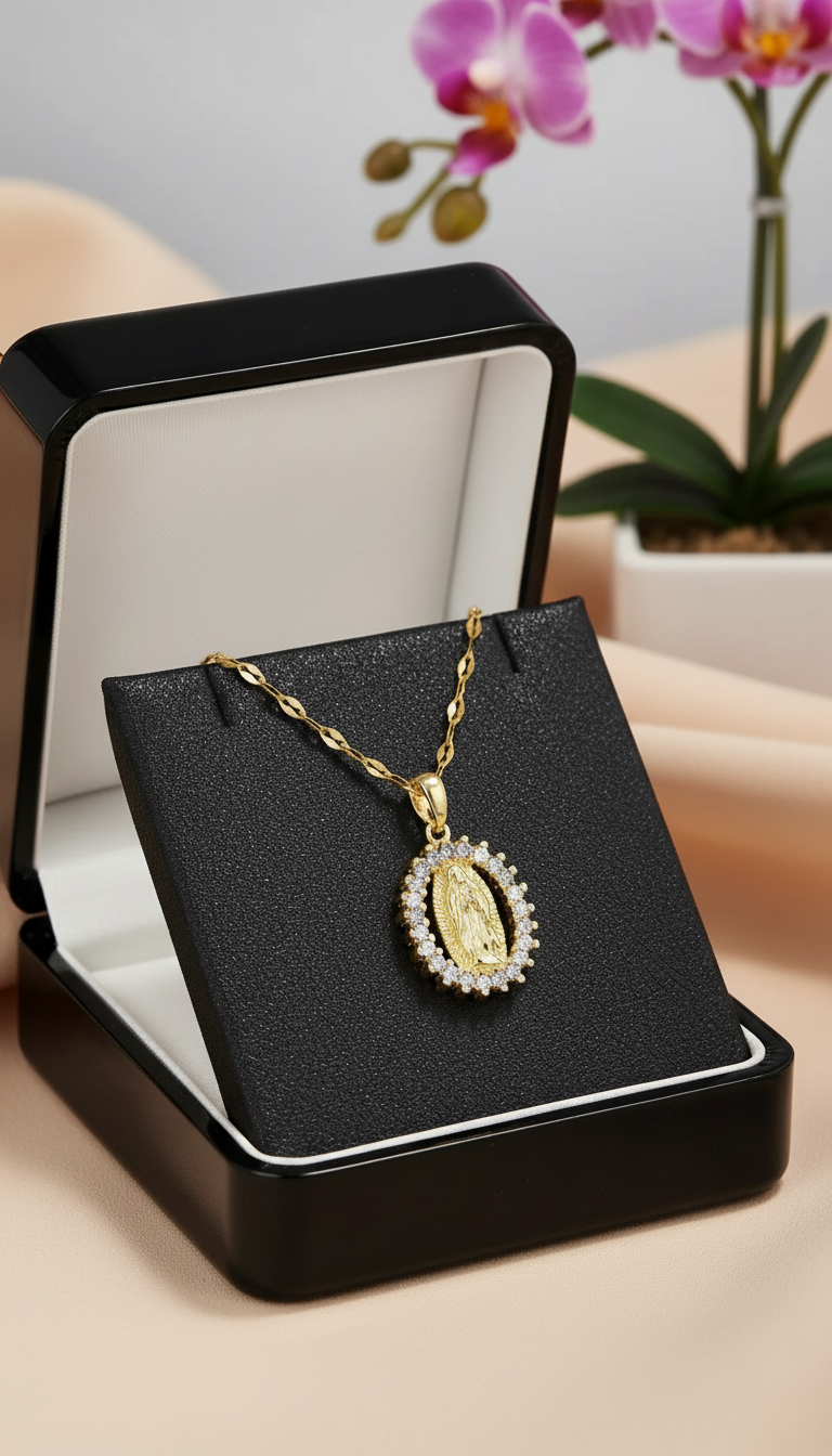 Virgin Mary Star Pendant Necklace - Colorful Zircon - Side View