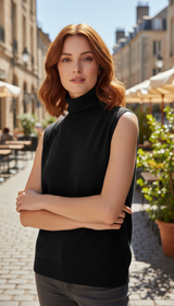 Women's 100% Merino Wool Turtleneck Vest - Sleeveless - Front View