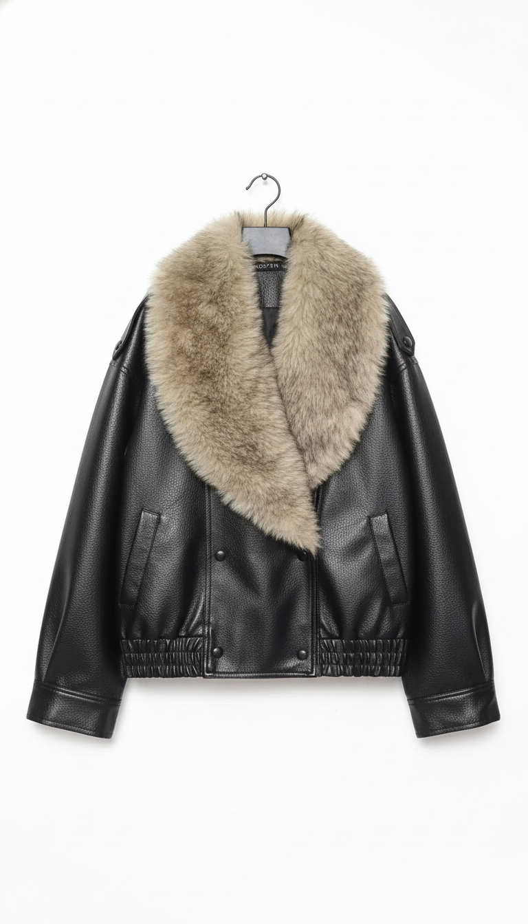 Women's Double-Breasted Faux Leather Jacket with Removable Fur - Back View