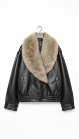 Women's Double-Breasted Faux Leather Jacket with Removable Fur - Back View