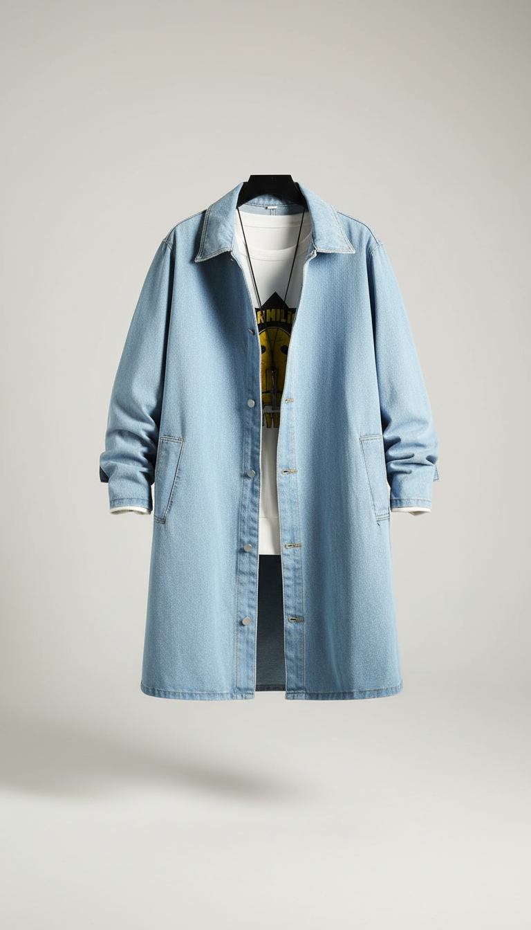 OURYE Men's Denim Trench Coat - Relaxed in Black