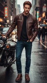 Men's Vintage Brown Genuine Leather Jacket - Slim - Front View