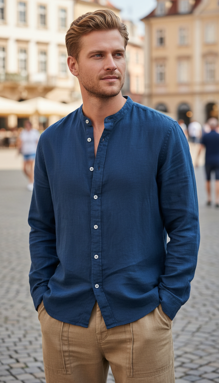 Men's Linen Long Sleeve Shirt – Stand Collar - Image 13