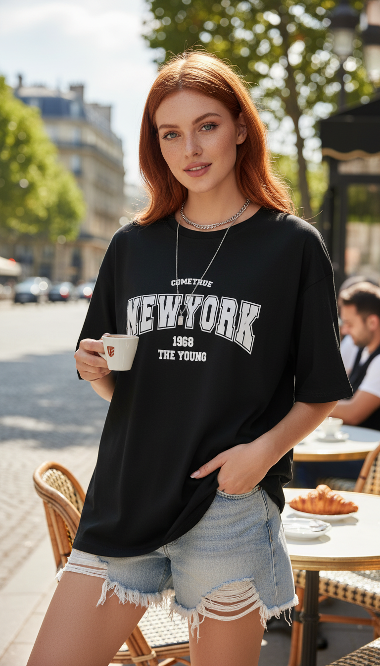Women's Oversized Letter Print T-Shirt - 100% Cotton - Detail Close-Up