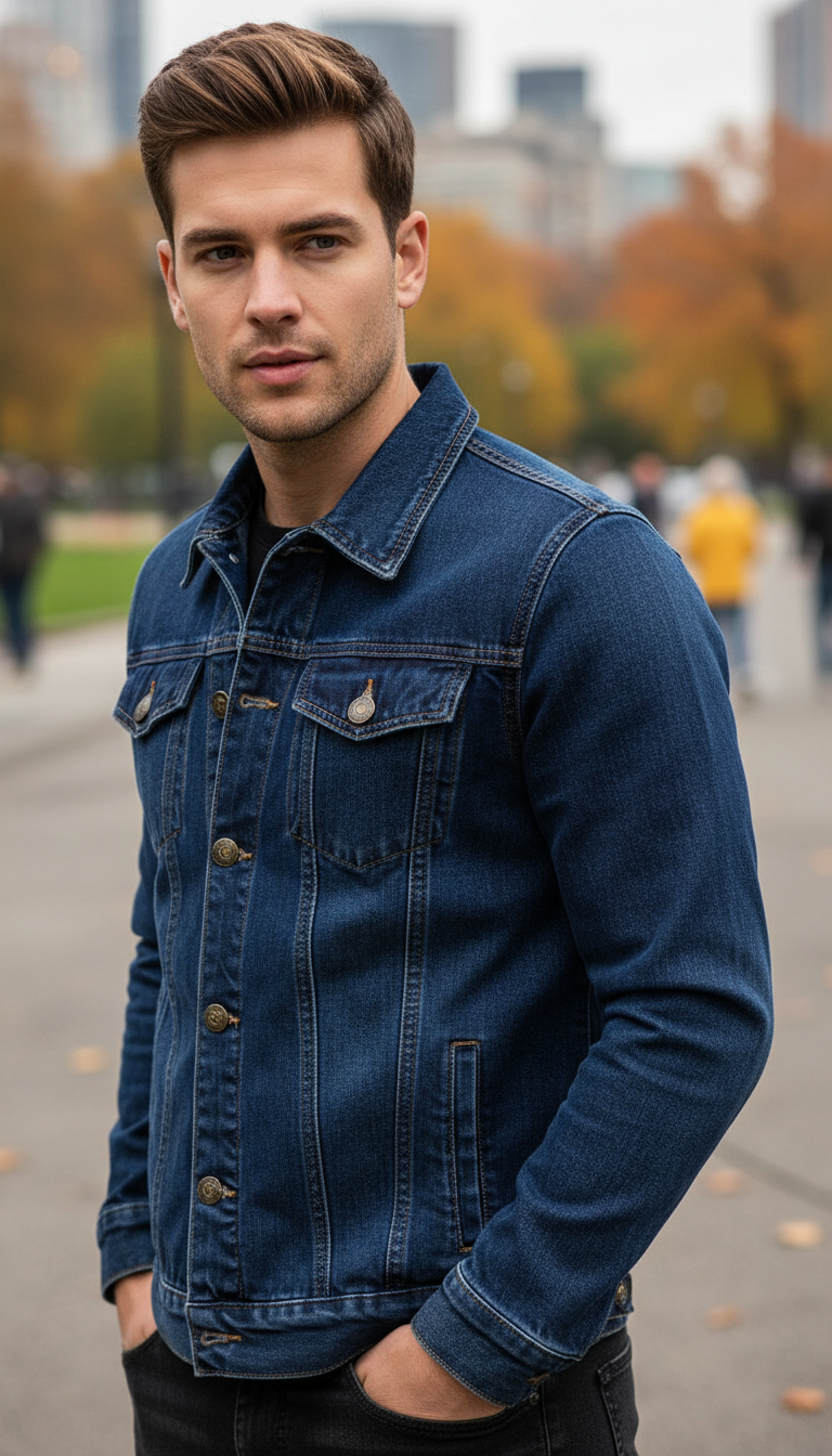 Men's Solid Denim Jacket - Slim Fit Vintage - Back View