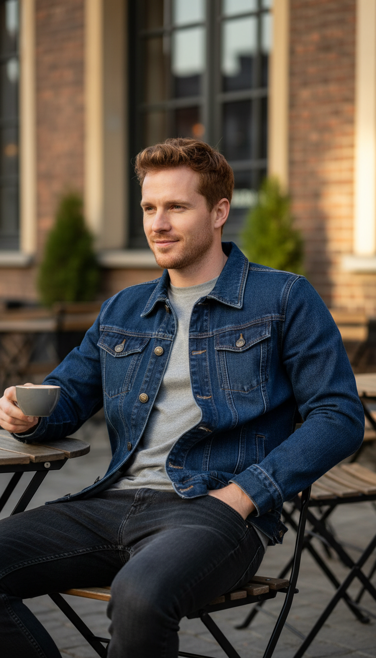Men's Solid Denim Jacket - Slim Fit Vintage - Front View