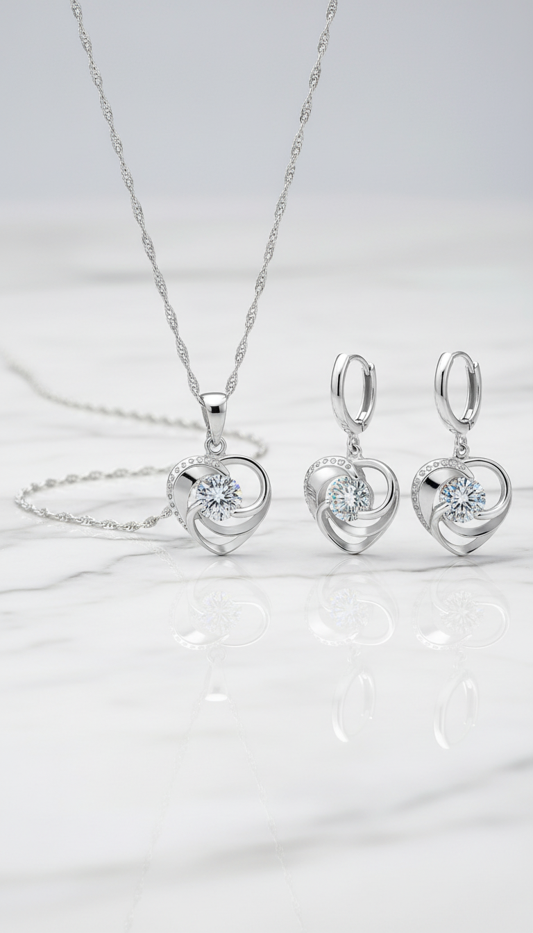 Sterling Silver Heart Necklace and Earring Set - - Side View