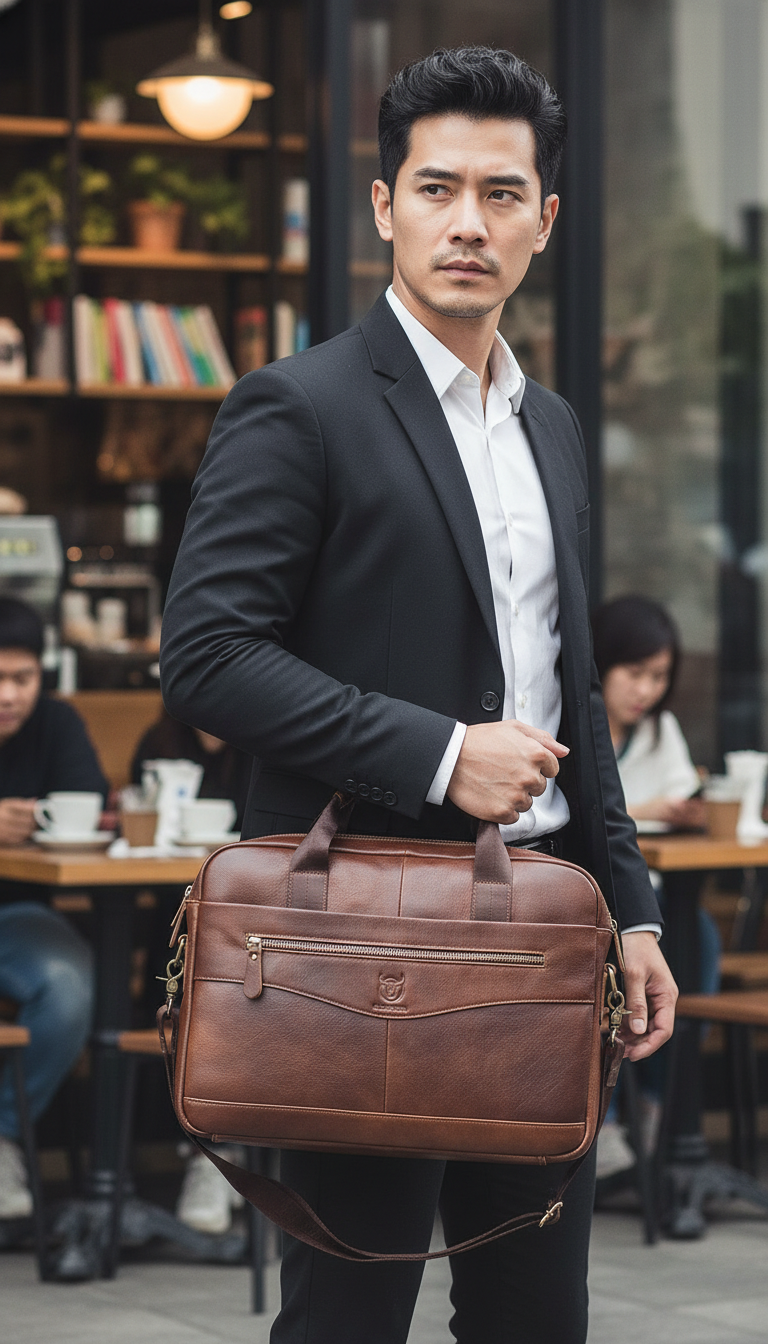 Genuine Leather Briefcase – Men's 14-Inch Laptop Messenger - Back View