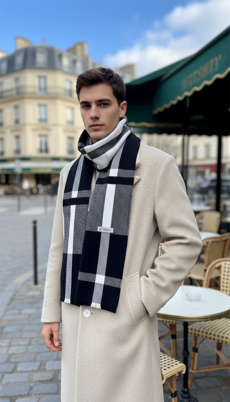 Men's Knit Scarf - Patchwork Cashmere Wool Shawl - Front View