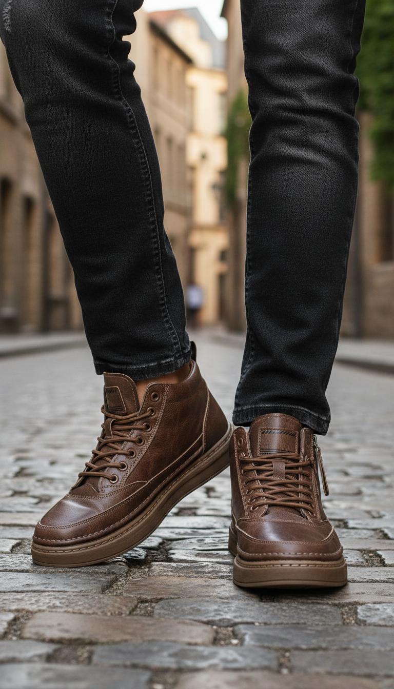 Men's Warm Plush Leather Boots - Mid-Calf Lace-Up - Front View