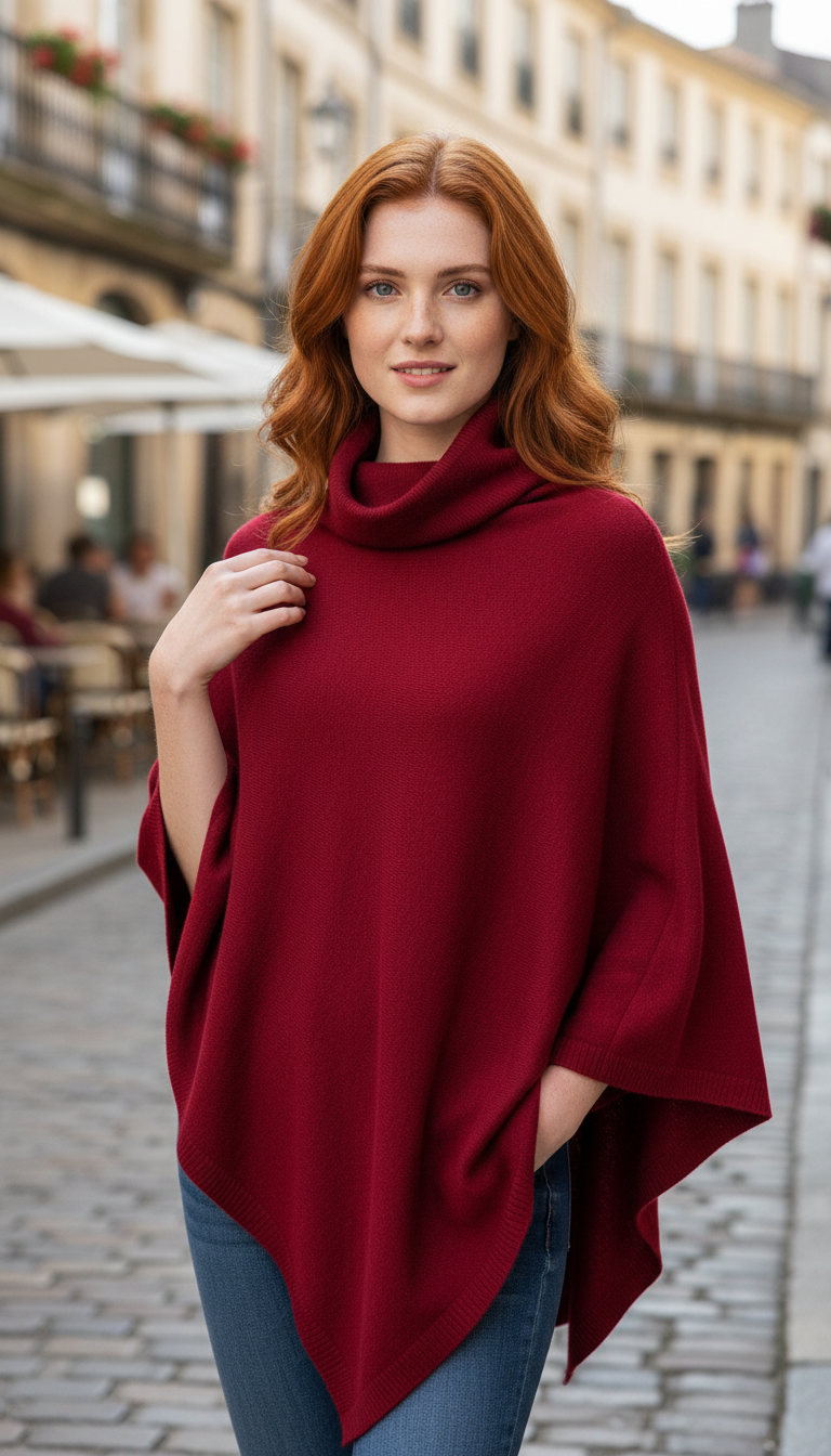Women's Wool Turtleneck Poncho - Knit Shawl Cape - Front View