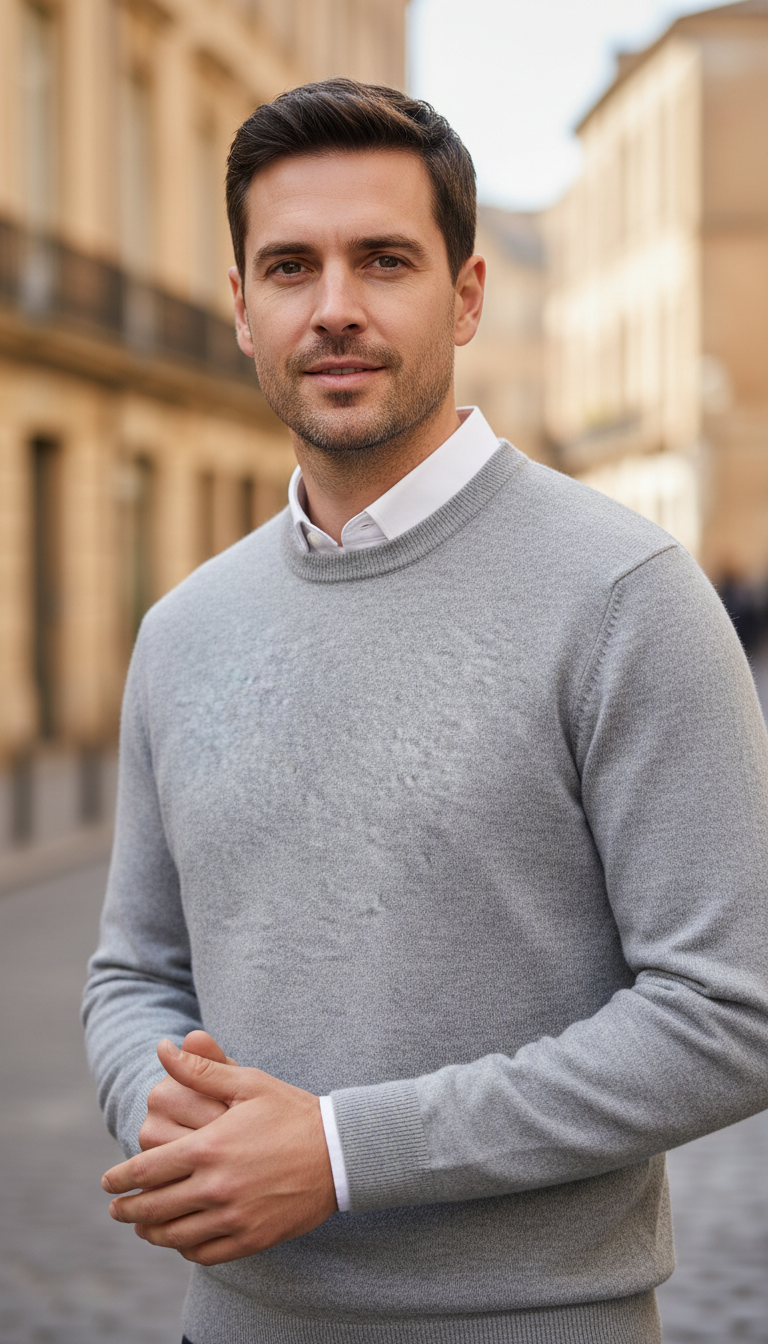 Premium Cashmere O-Neck Pullover – Men's Oversized Knit - Detail Close-Up