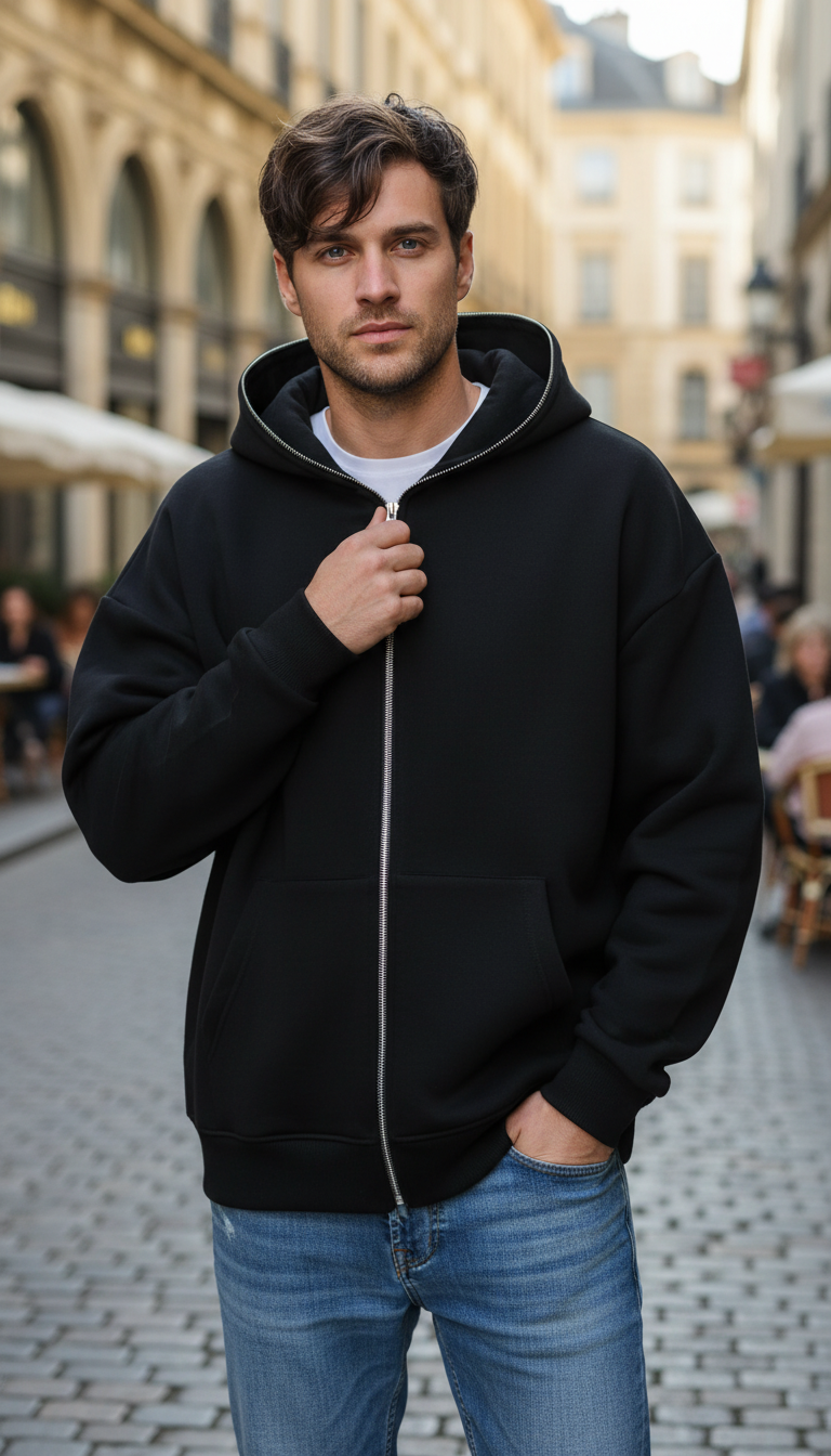 OURYE Men's Cotton Zip Hoodie - Relaxed in Black