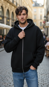 OURYE Men's Cotton Zip Hoodie - Relaxed in Black