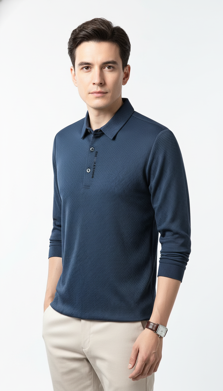 Herren Waffel-Langarm-POLOSHIRT mit Buchstaben-Revers, lässiges Oberteil