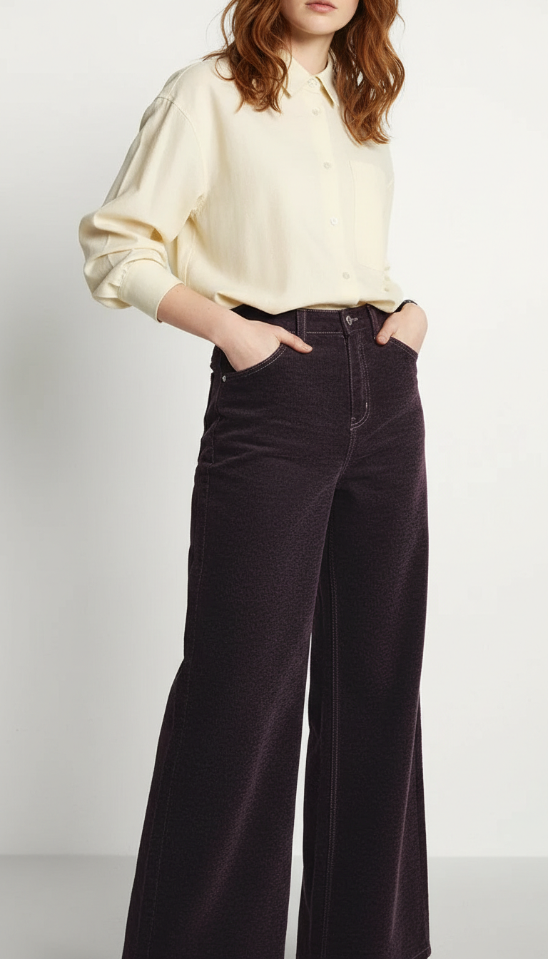 Premium Maillard Flocked Wide Leg Jeans - Fleece - Front View