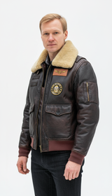 OURYE Men's Genuine Cowhide G1 Aviator Jacket - Detachable Shearling Collar in Vintage Brown