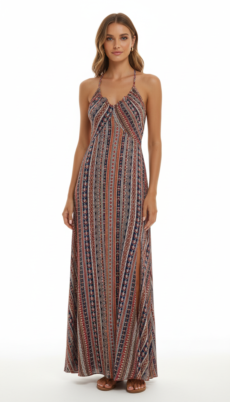Ethnic Pattern Backless Dress – Women's Boho Split Thigh Maxi Dress with Frill Trim in Claret
