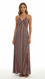 Ethnic Pattern Backless Dress – Women's Boho Split Thigh Maxi Dress with Frill Trim in Claret