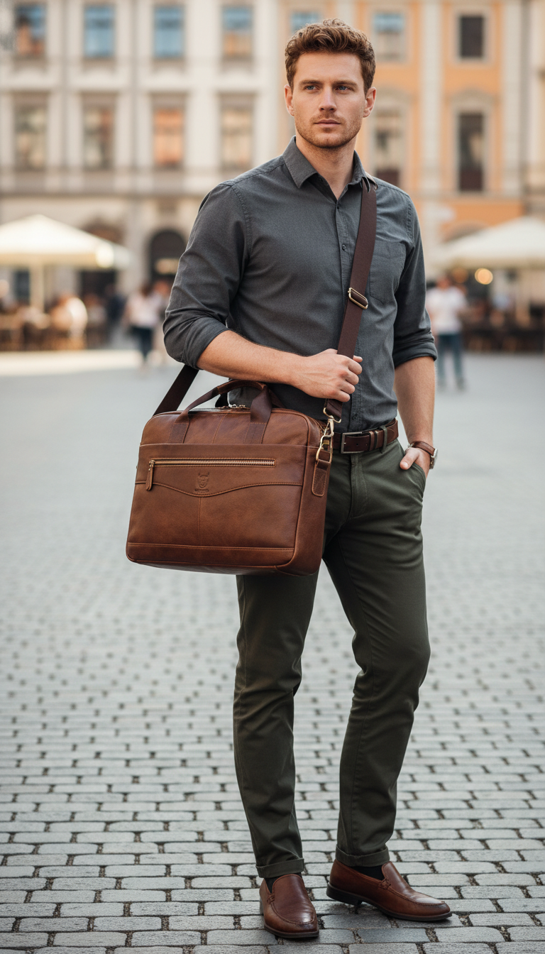 Genuine Leather Briefcase – Men's 14-Inch Laptop Messenger - Front View