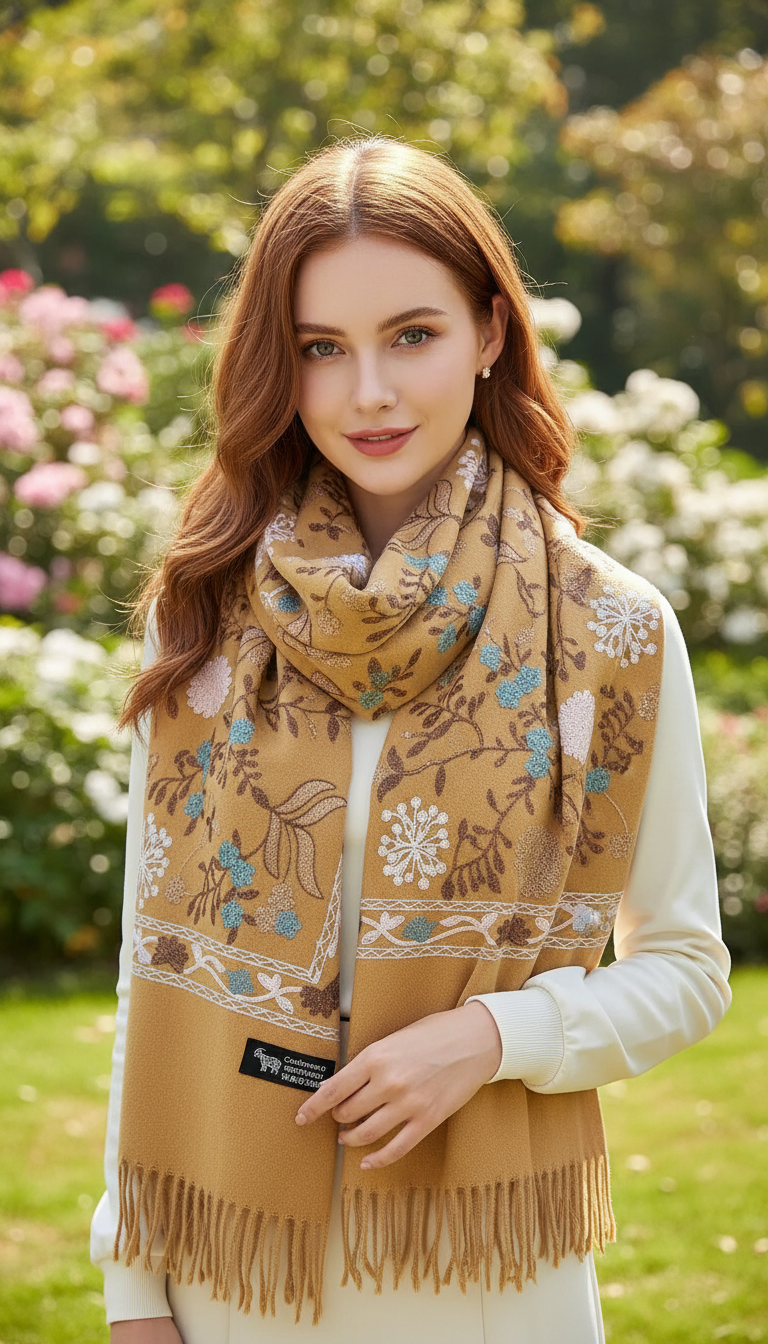 Women's Polyester Scarf - Embroidered Pashmina Shawl Wrap - Detail Close-Up